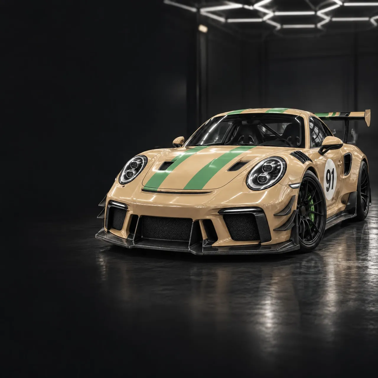 Our sand-colored GT3 RS style track car with green racing stripes and a 91 door roundel, freshly detailed in a dark studio